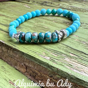turquoise/ocean jasper silver beaded bracelet/rustic/Western/rodeo/colorful